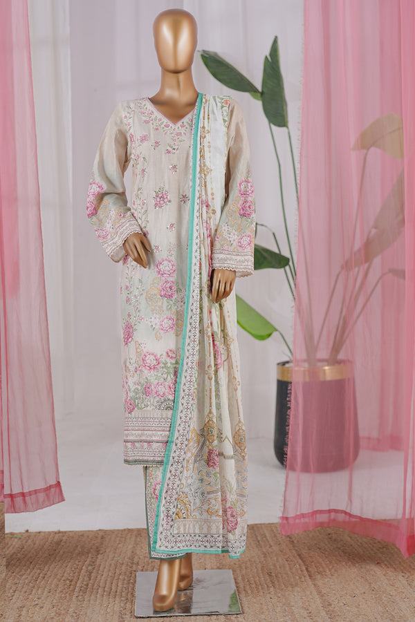 Lawn - Stitched Embroidered 3piece with Zari work & Lace work - White