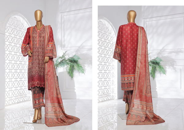 Lawn Chickankari - Stitched Embroidered 3piece with Lace work  - Maroon