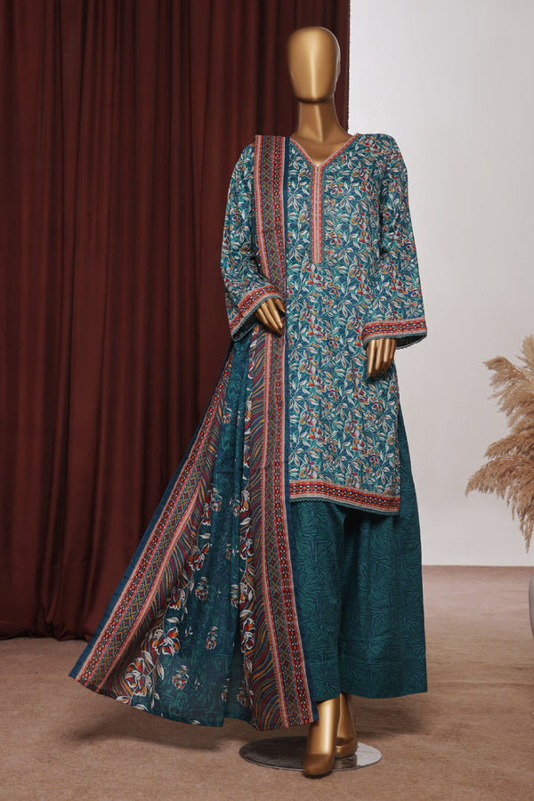 Lawn - Stitched printed 3piece with Farshi Shalwar - Green