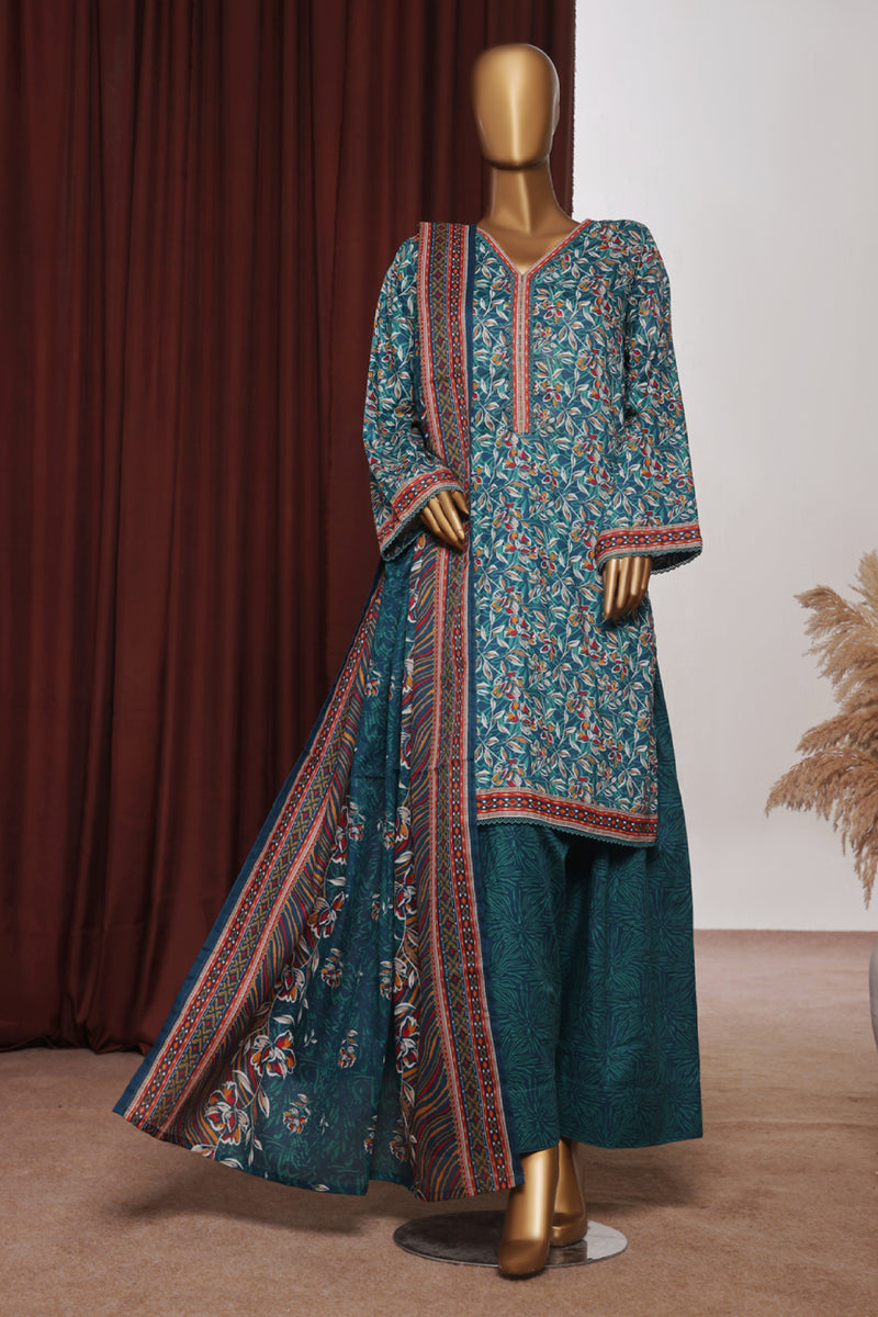 Lawn - Stitched printed 3piece with Farshi Shalwar - Green