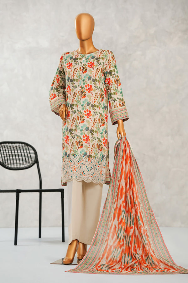 Lawn - Stitched Digital Printed Embroidered 3piece with Boring work - Peach