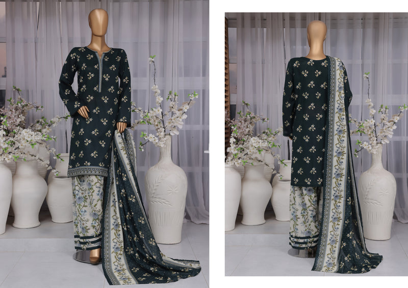 Lawn - Stitched printed 3piece with Farshi Shalwar - Dark Green