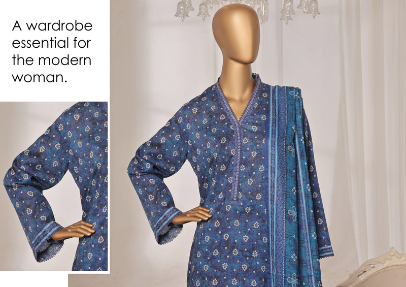 Lawn - Stitched printed 3piece with Lace work - Blue