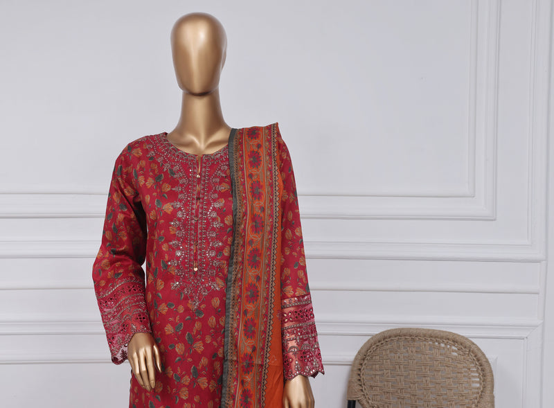 Lawn - Stitched Festive Embroidered 3piece with Plazo - Red