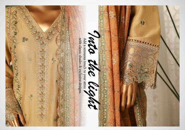 Lawn - Stitched Embroidered 3piece with printed Back & Printed trouser & Emb Dupatta - Dull Yellow