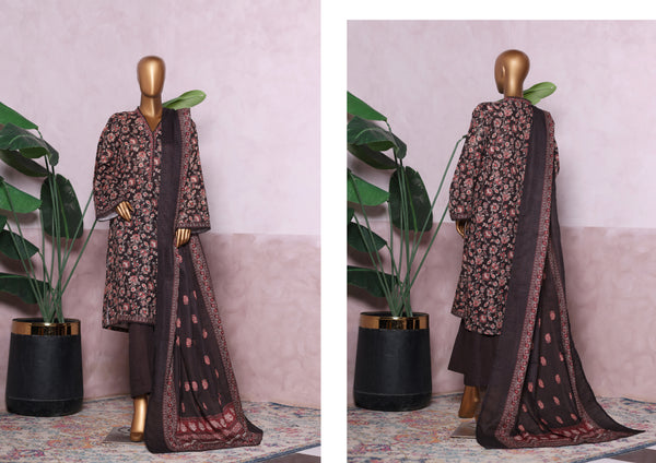 Khaddar - Stitched printed 3piece with Lace work - Brown