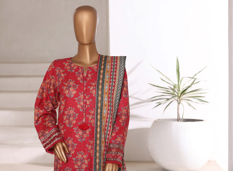 Khaddar - Embroidered 3piece collection with Lace work - Red