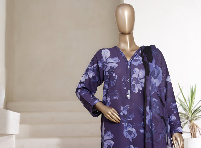 Lawn - Stitched printed 3piece with Lace work - Purple