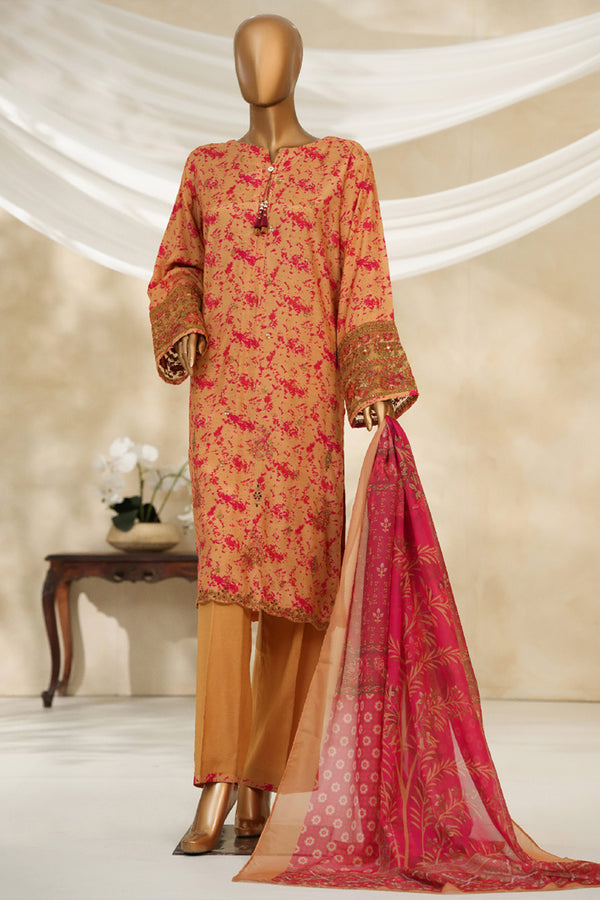 Cambric | Cotton - Stitched printed embroidered silk 3piece with Boring, Cutwork & Mirror work - Gold Maroon