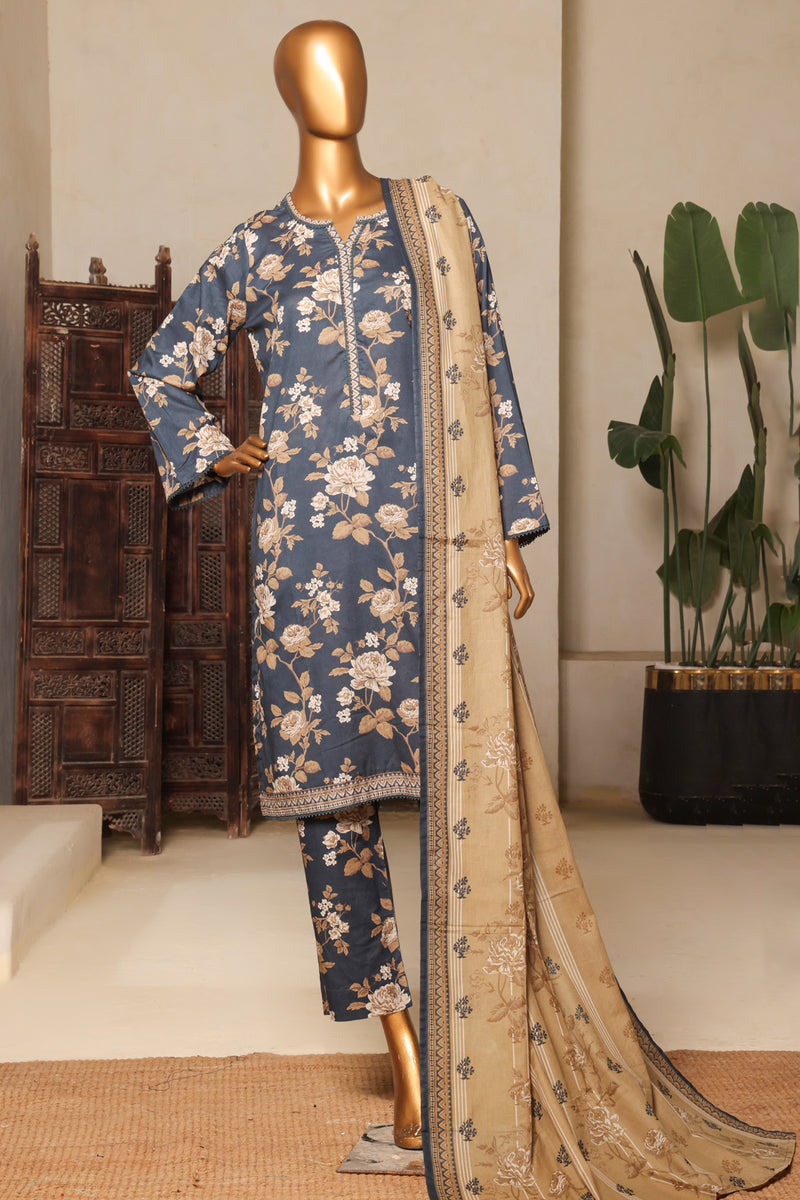 Lawn - Stitched printed 3piece with Lace work - Dull Blue & Skin