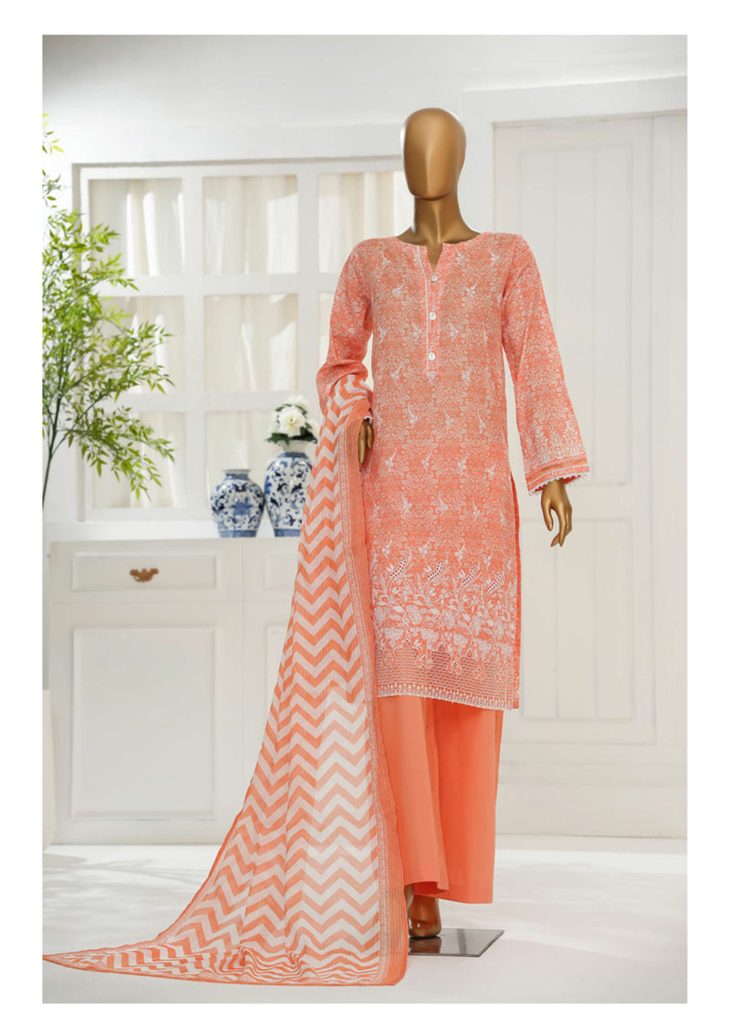 Cambric Chikankari - Stitched Embroidered 3piece with Lace work - Peach