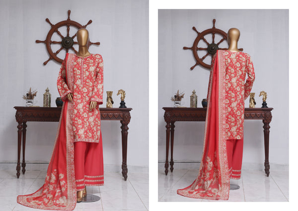 Lawn - Stitched printed 3piece with Farshi Shalwar - Pink