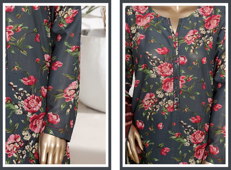 Lawn - Stitched printed 3piece with Lace work - Dark Grey