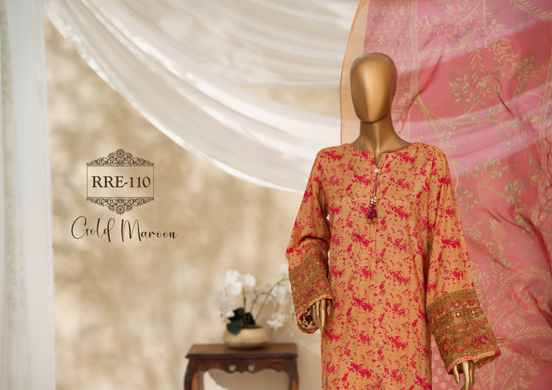 Cambric | Cotton - Stitched printed embroidered silk 3piece with Boring, Cutwork & Mirror work - Gold Maroon