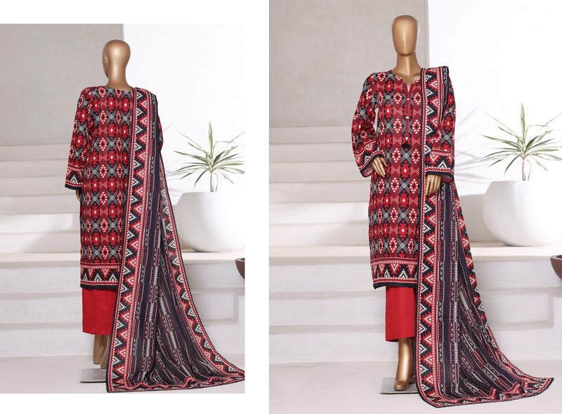 Khaddar - Printed 3piece collection with Lace work - Red