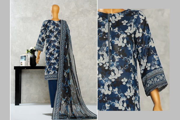 Lawn - Stitched Digital Printed Embroidered 3piece with Boring work - Navy Blue