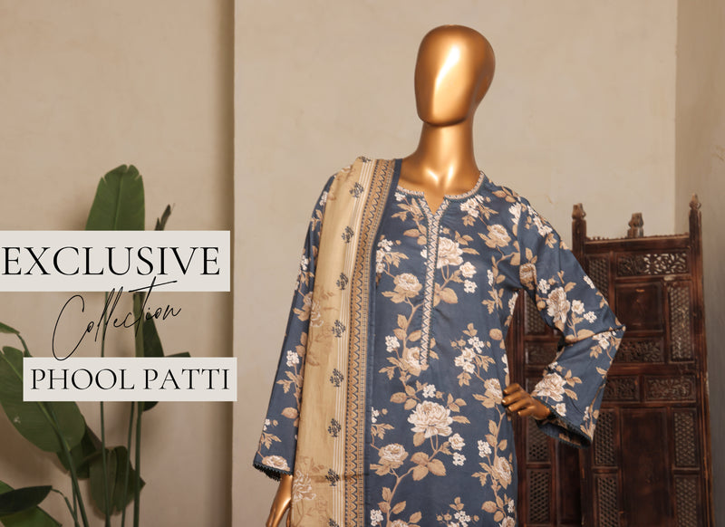 Lawn - Stitched printed 3piece with Lace work - Dull Blue & Skin