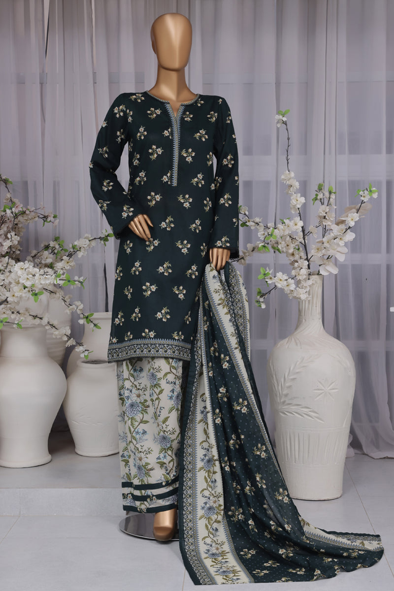 Lawn - Stitched printed 3piece with Farshi Shalwar - Dark Green