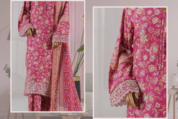 Lawn - Stitched Embroidered 3piece with Zari work & Lace work - Pink