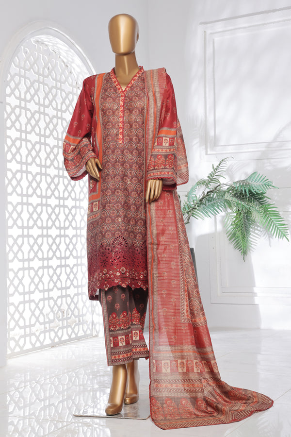 Lawn Chickankari - Stitched Embroidered 3piece with Lace work  - Maroon