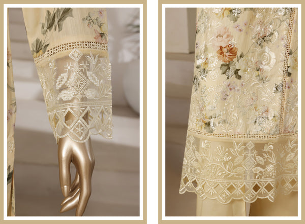 Lawn - Stitched Digital Printed Embroidered 3piece with Lace work - Dull Yellow