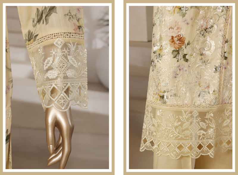 Lawn - Stitched Digital Printed Embroidered 3piece with Lace work - Dull Yellow