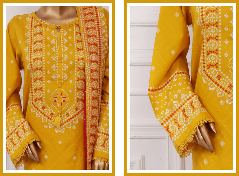 Lawn Chunri prints - Stitched printed 3piece with Lace work - Yellow