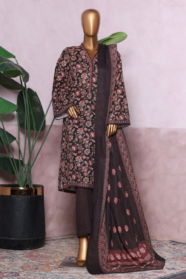 Khaddar - Stitched printed 3piece with Lace work - Brown