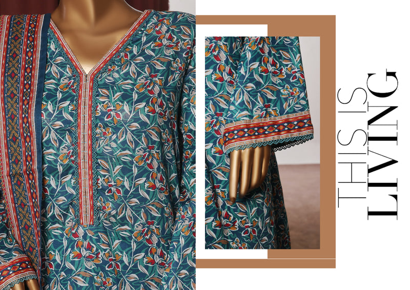 Lawn - Stitched printed 3piece with Farshi Shalwar - Green
