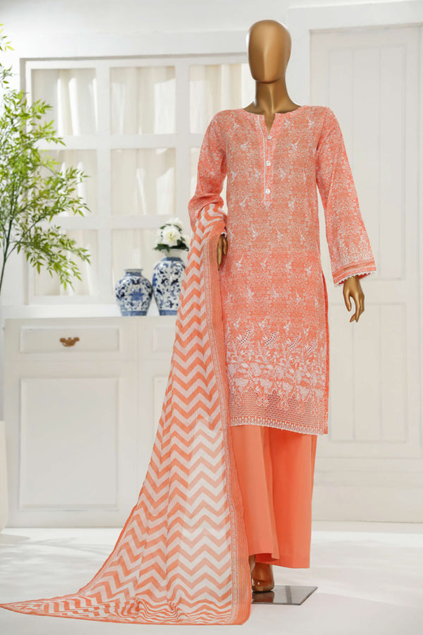Cambric Chikankari - Stitched Embroidered 3piece with Lace work - Peach