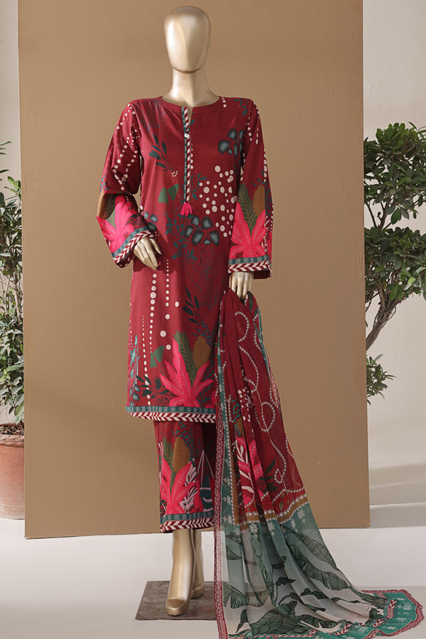 Cambric | Cotton - Stitched printed 3piece with Bamber chiffon Dupatta - Red