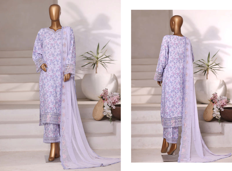 Luxury viscose - Stitched Embroidered 3piece with Chiffon embroidered Dupatta - Light Purple