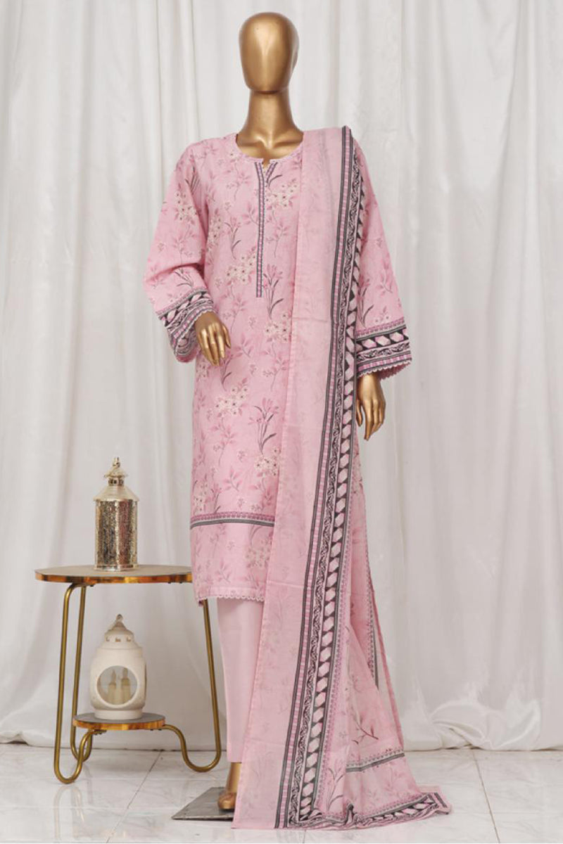 Lawn - Stitched Printed 3piece with Lace work - Light Pink