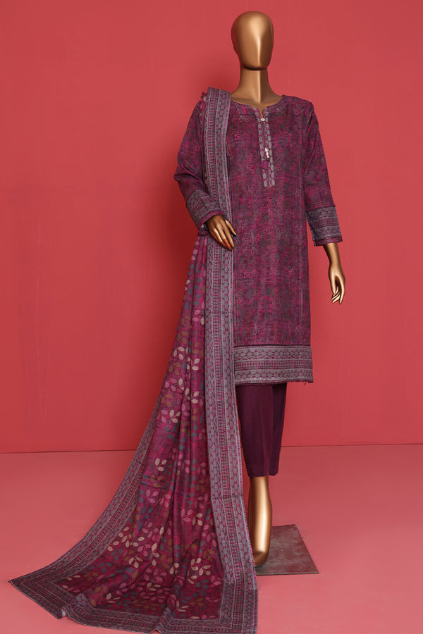 Khaddar - Stitched printed 3piece ready to wear - Magenta Grey