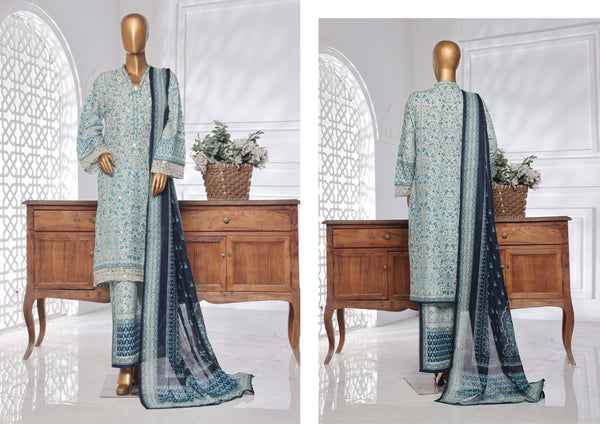 Lawn Chickankari - Stitched Embroidered 3piece with Lace work  - Sky Blue