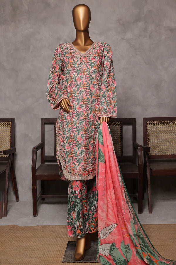 Lawn - Stitched Embroidered 3piece with Lace work - Pink