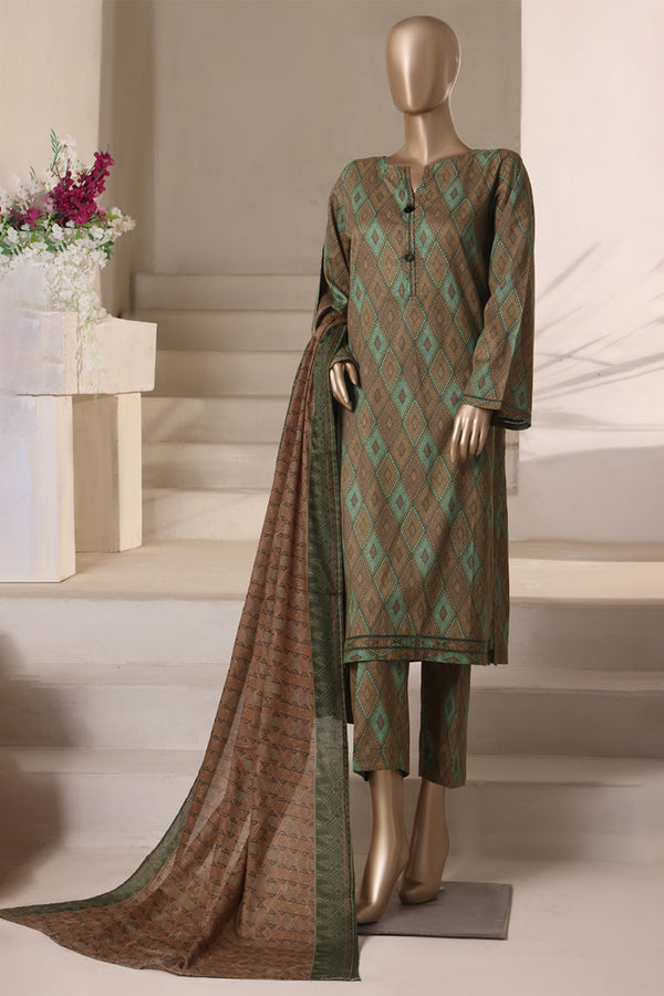 Cambric - Stitched printed 3piece with Lace work - Olive Green