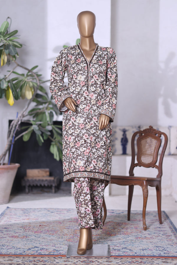 Khaddar Co-Ords - Stitched printed Kurti & trouser with Lace work - Brown & Pink