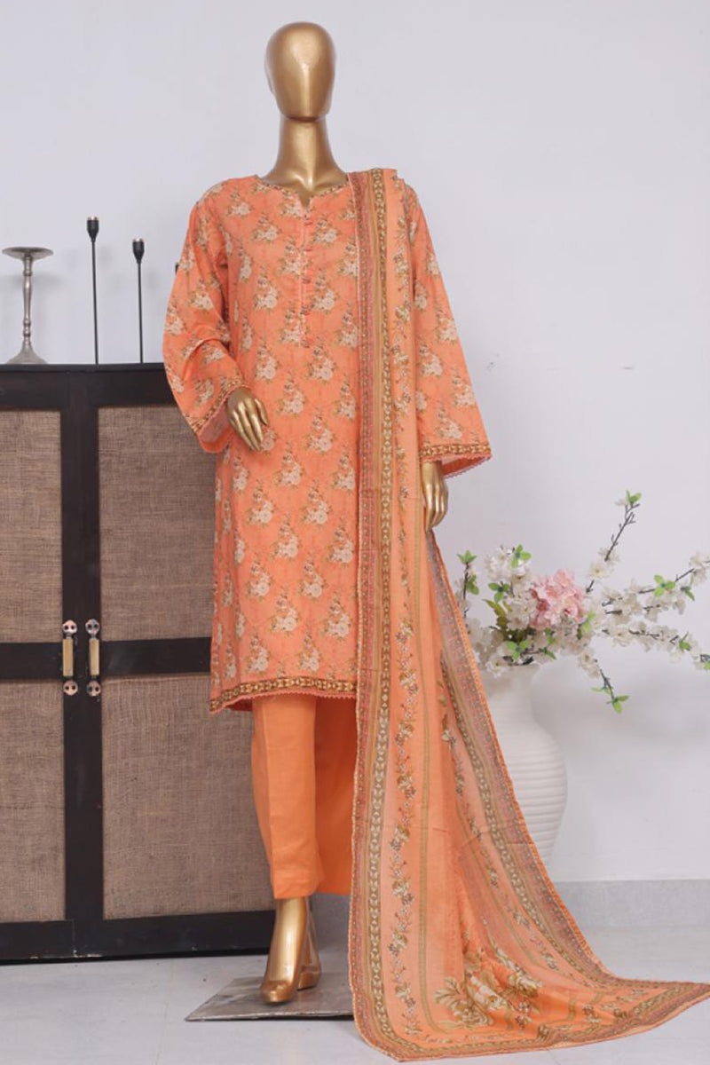 Lawn - Stitched Printed 3piece with Lace work - Orange