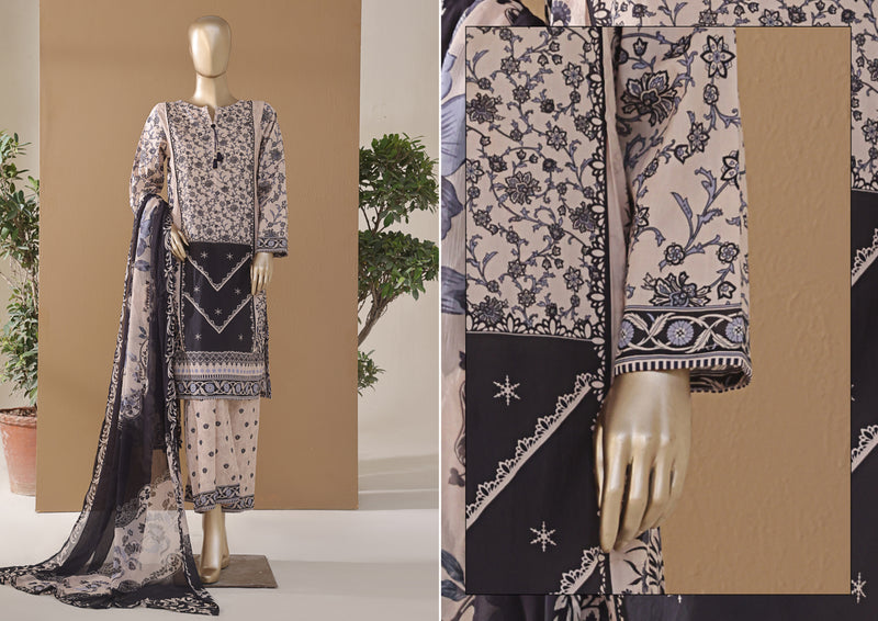 Cambric | Cotton - Stitched printed 3piece with Bamber chiffon Dupatta - Morocco Art
