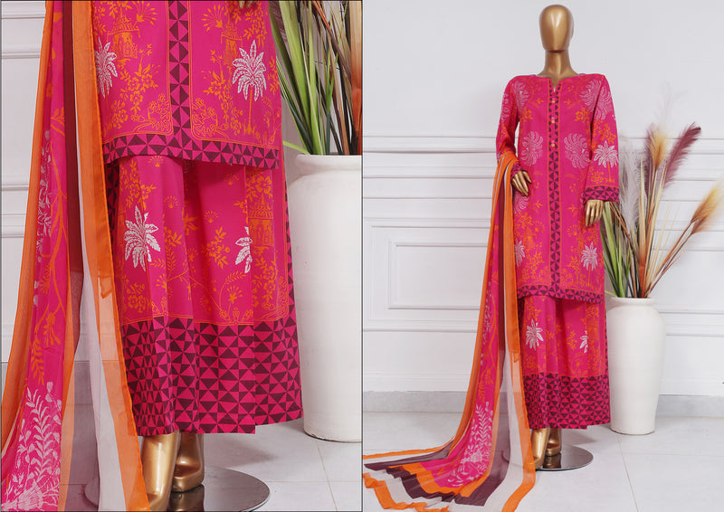 Lawn - Stitched printed 3 piece with chiffon dupatta - Shocking Pink