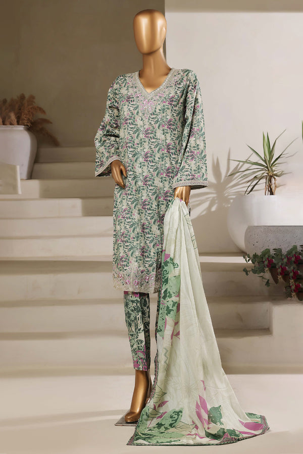 Lawn - Stitched Embroidered Chikankari 3piece with Lace work - Green