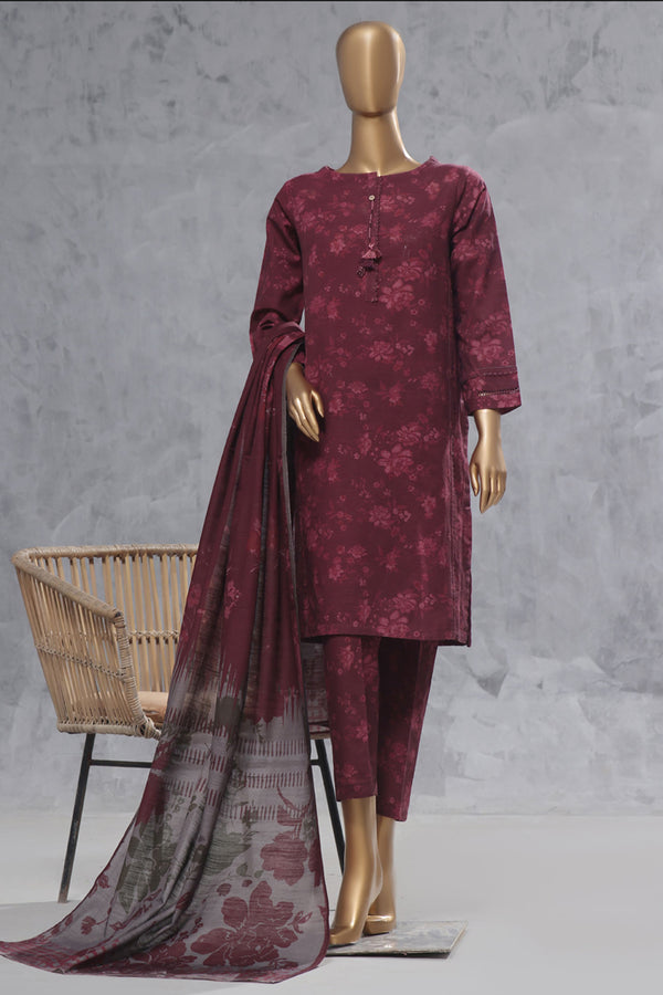 Khaddar - Stitched Printed 3 Piece Suit with Lace work - Diffuse Magenta