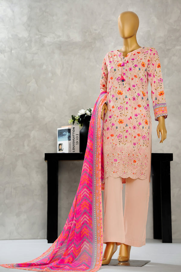 Lawn - Stitched Digital Printed Embroidered 3piece with Boring work - Peach