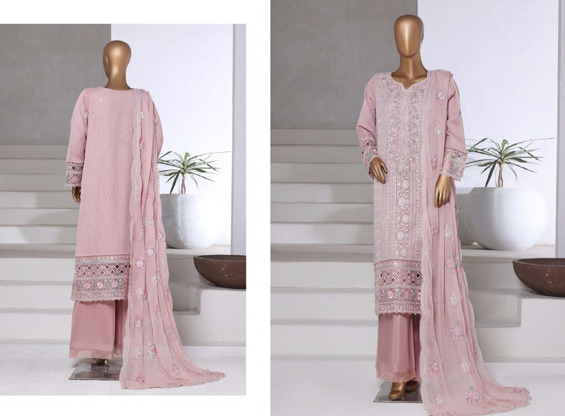 Chiffon - Stitched Formal Embroidered 3piece with Hand work - Light Pink