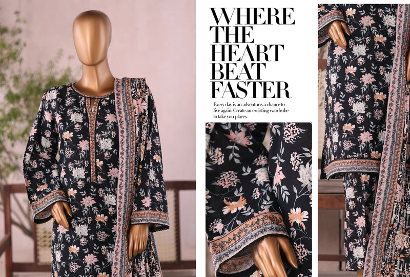 Khaddar - Stitched  printed 3piece with Lace work  - Black