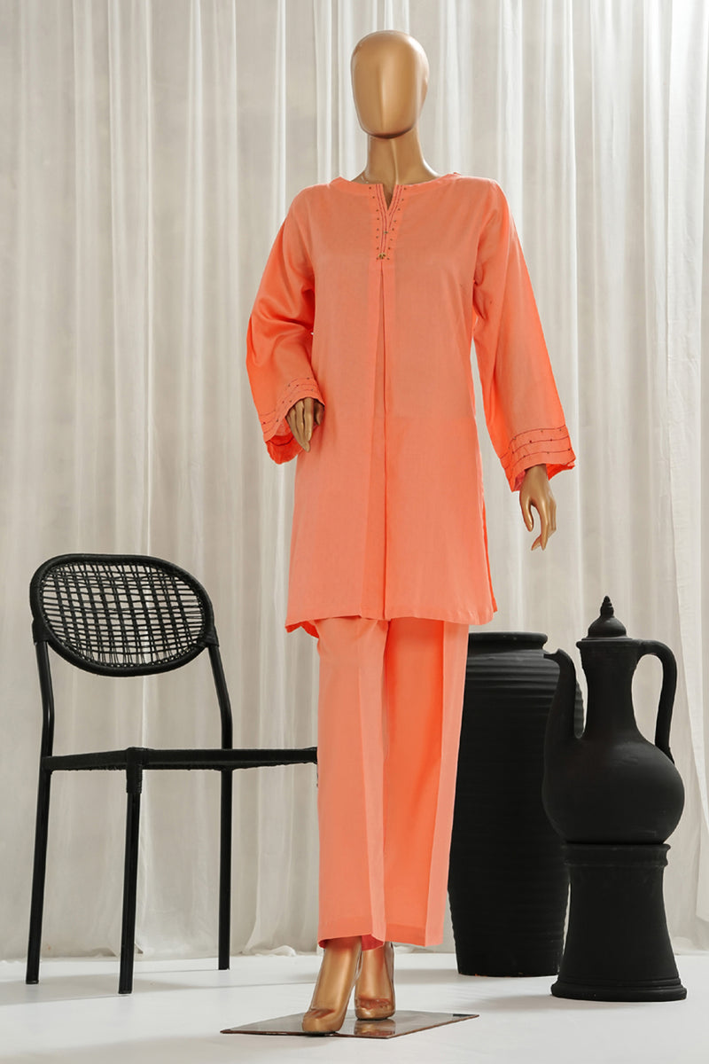 Lawn Jacquard - Stitched Jacquard Shirt with Highlights of Hand Touching Embellishment - Orange