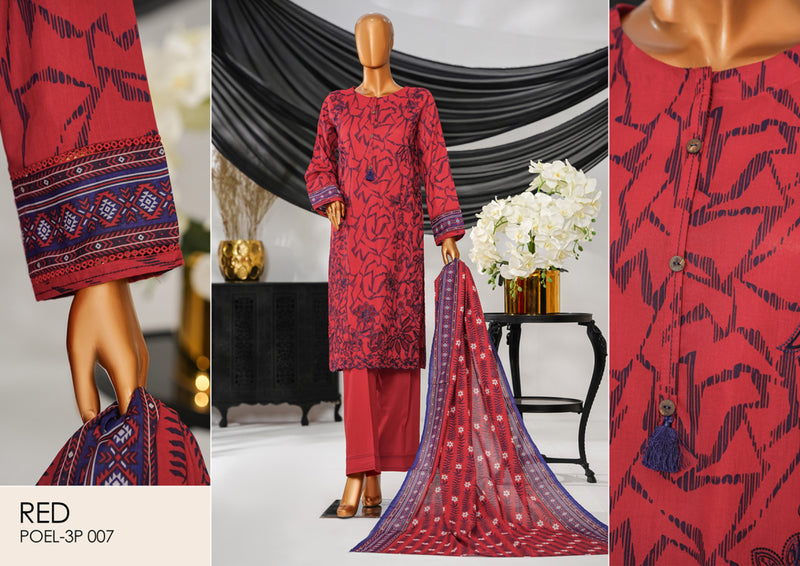 Cotton | Cambric - Stitched Embroidered 3piece with Lace work - Red