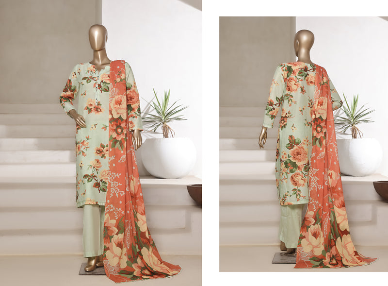 Lawn - Stitched printed 3piece with Lace work - Light Green & Peach