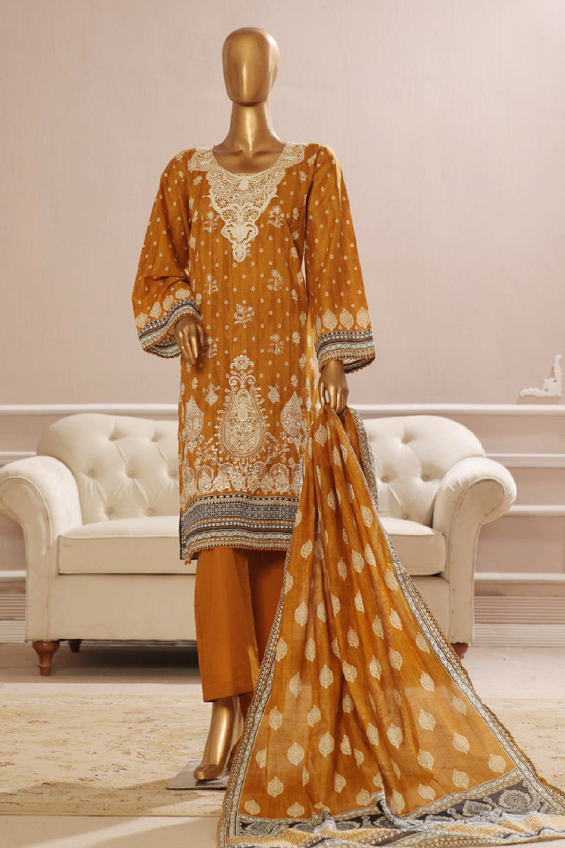 Lawn - Stitched Embroidered 3piece with Lace work - Mustard